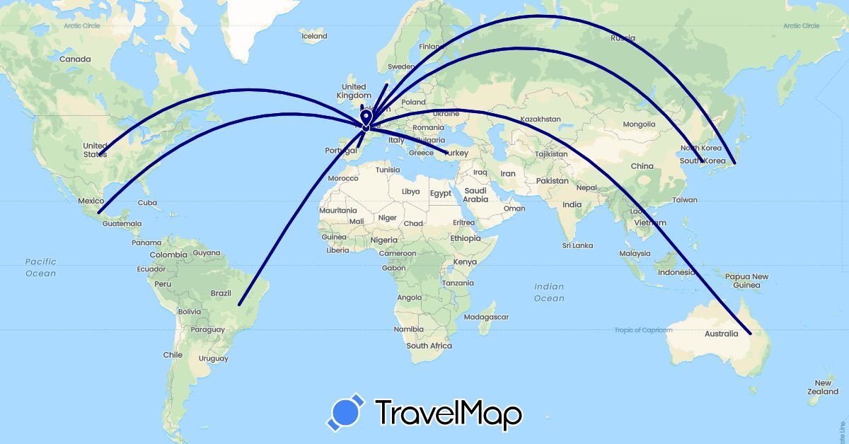 TravelMap itinerary: driving in Australia, Brazil, Denmark, Spain, France, United Kingdom, Italy, Japan, South Korea, Mexico, Turkey, United States (Asia, Europe, North America, Oceania, South America)